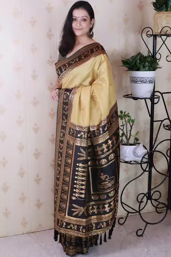 Gold ethnic motifs silk blend banarasi saree