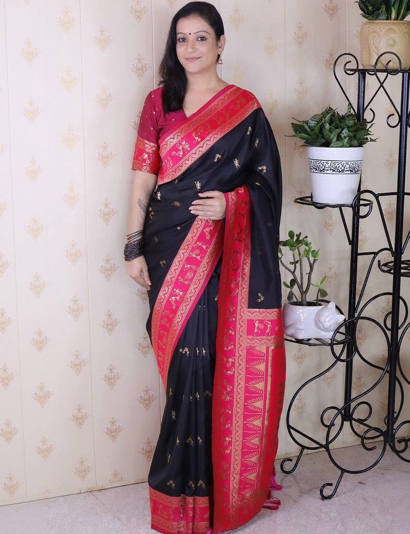 Black woven design zari silk blend banarasi saree