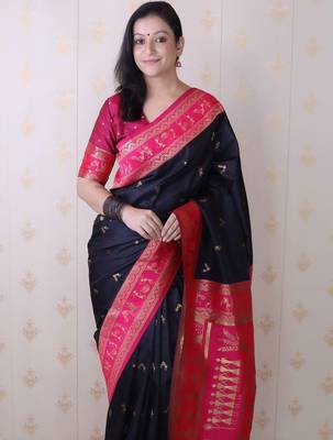 Black woven design zari silk blend banarasi saree 4
