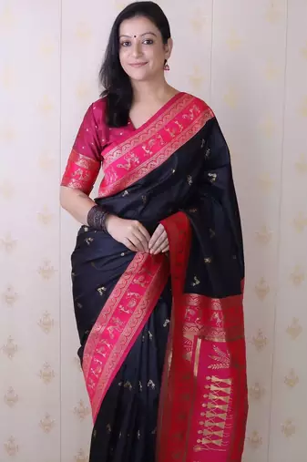 Black woven design zari silk blend banarasi saree