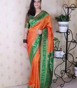 Orange ethnic motifs zari silk blend banarasi saree
