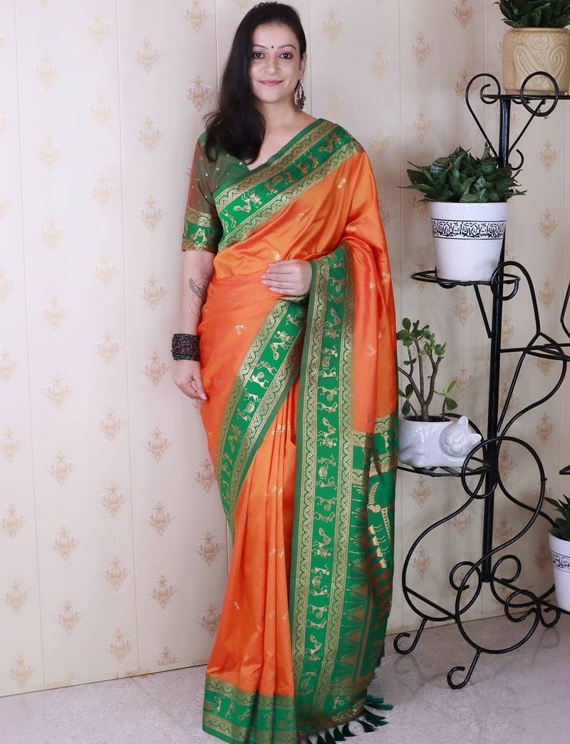 Orange ethnic motifs zari silk blend banarasi saree