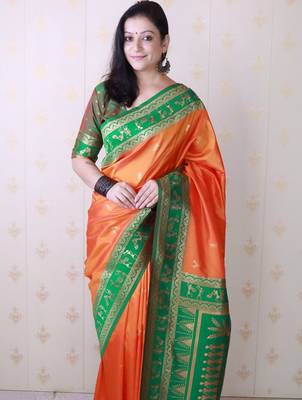 Orange ethnic motifs zari silk blend banarasi saree 2