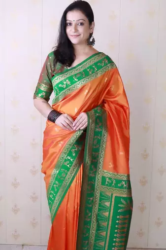 Orange ethnic motifs zari silk blend banarasi saree