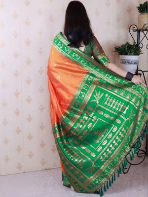 Orange ethnic motifs zari silk blend banarasi saree 3
