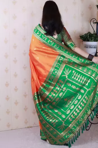 Orange ethnic motifs zari silk blend banarasi saree