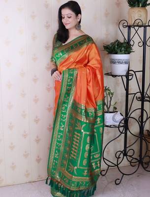 Orange ethnic motifs zari silk blend banarasi saree 4