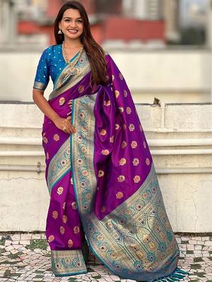 Purple ethnic motifs woven design zari banarasi saree 1