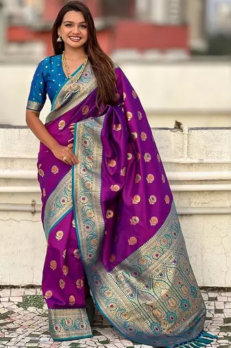 Purple ethnic motifs woven design zari banarasi saree