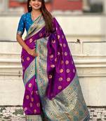 Purple ethnic motifs woven design zari banarasi saree
