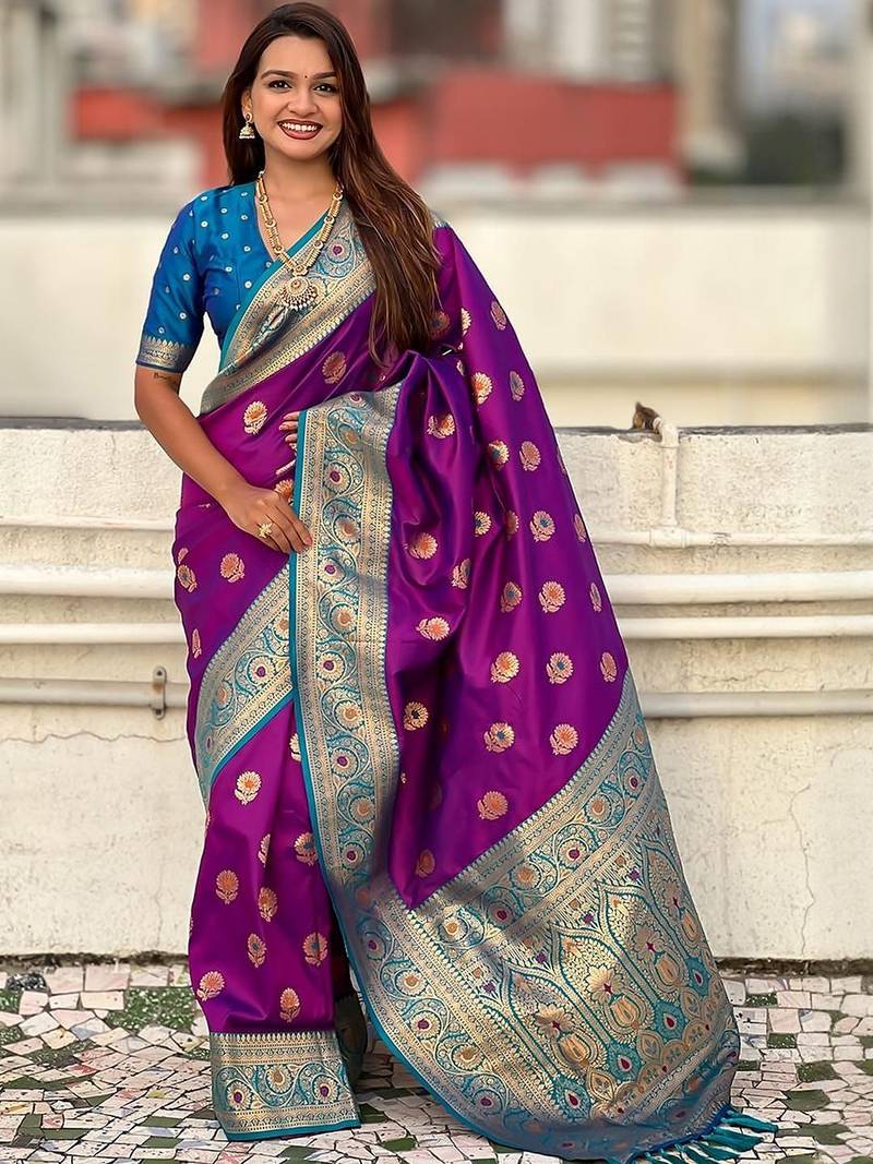 Purple ethnic motifs woven design zari banarasi saree
