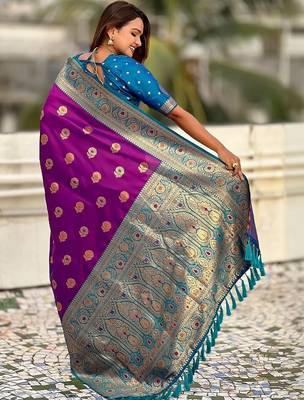 Purple ethnic motifs woven design zari banarasi saree 2
