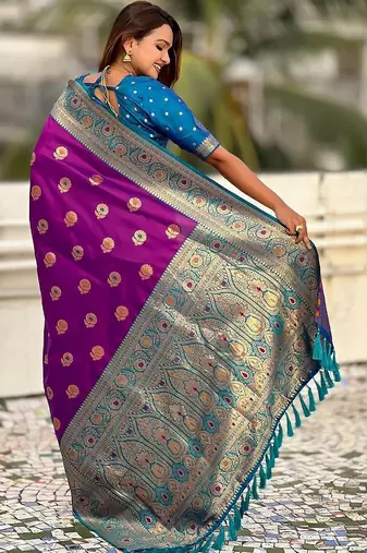 Purple ethnic motifs woven design zari banarasi saree