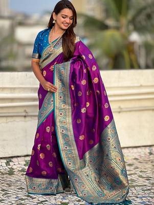 Purple ethnic motifs woven design zari banarasi saree 3