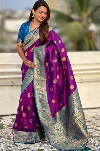 Purple ethnic motifs woven design zari banarasi saree