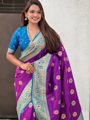 Purple ethnic motifs woven design zari banarasi saree 5
