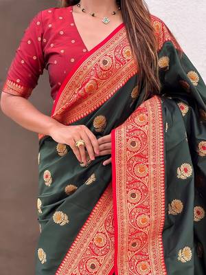 Green woven design zari silk blend banarasi saree 2