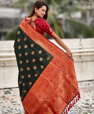 Green woven design zari silk blend banarasi saree 3