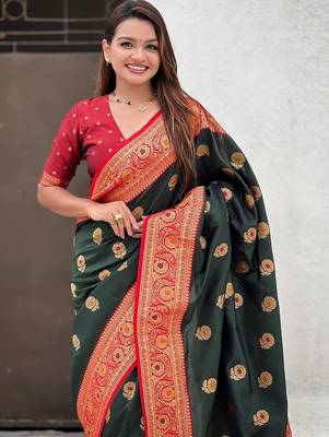 Green woven design zari silk blend banarasi saree 4