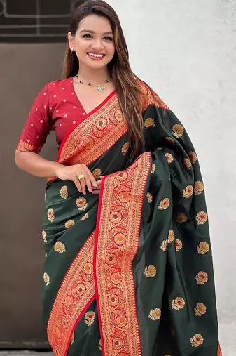 Green woven design zari silk blend banarasi saree