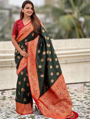 Green woven design zari silk blend banarasi saree 5
