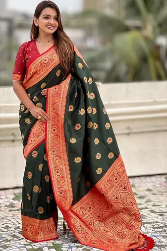 Green woven design zari silk blend banarasi saree