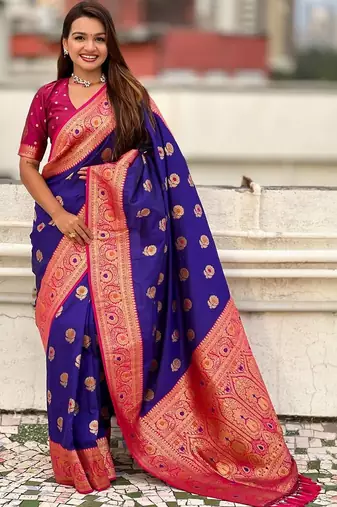 Violet woven design zari silk blend banarasi saree