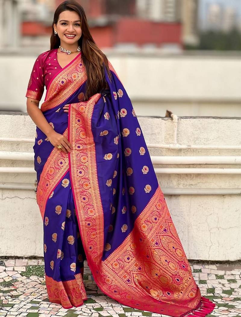 Violet woven design zari silk blend banarasi saree