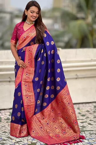 Violet woven design zari silk blend banarasi saree