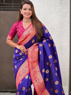 Violet woven design zari silk blend banarasi saree 5