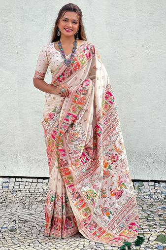 White ethnic motifs woven design kanjeevaram saree