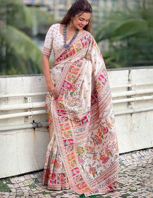 White ethnic motifs woven design kanjeevaram saree 2