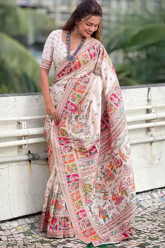 White ethnic motifs woven design kanjeevaram saree