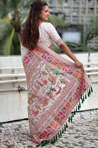 White ethnic motifs woven design kanjeevaram saree