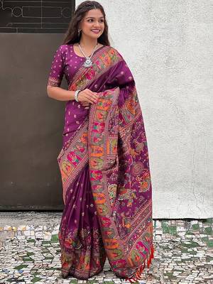 Purple ethnic motifs woven design zari kanjeevaram saree 1