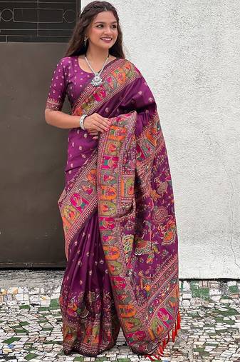 Purple ethnic motifs woven design zari kanjeevaram saree