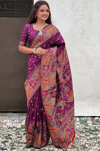 Purple ethnic motifs woven design zari kanjeevaram saree