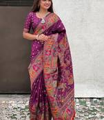 Purple ethnic motifs woven design zari kanjeevaram saree