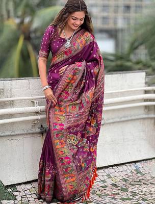 Purple ethnic motifs woven design zari kanjeevaram saree 2