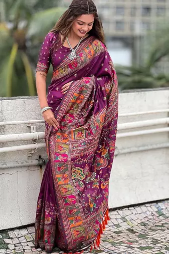 Purple ethnic motifs woven design zari kanjeevaram saree