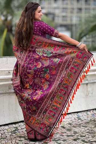 Purple ethnic motifs woven design zari kanjeevaram saree