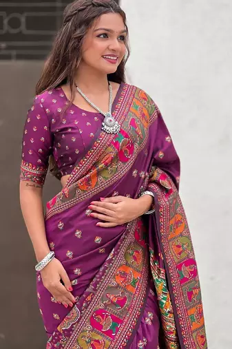 Purple ethnic motifs woven design zari kanjeevaram saree