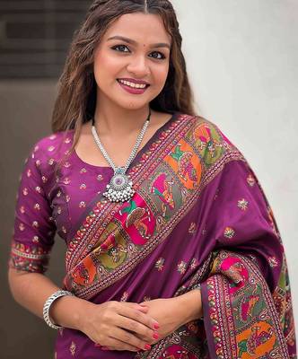 Purple ethnic motifs woven design zari kanjeevaram saree 5