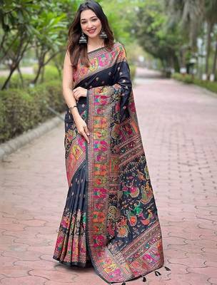 Black floral zari silk blend designer banarasi saree 1