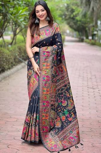 Black floral zari silk blend designer banarasi saree