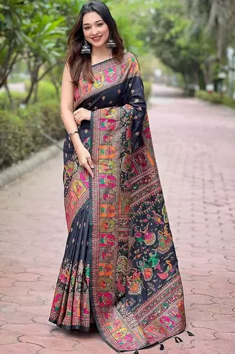 Black floral zari silk blend designer banarasi saree