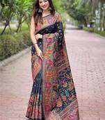 Black floral zari silk blend designer banarasi saree
