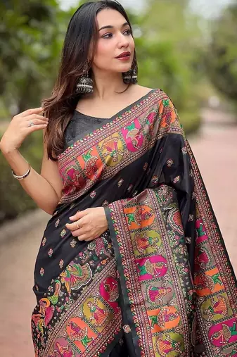Black floral zari silk blend designer banarasi saree