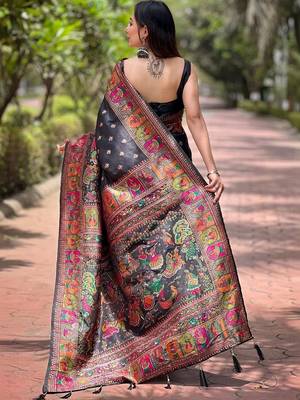 Black floral zari silk blend designer banarasi saree 3