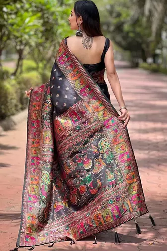 Black floral zari silk blend designer banarasi saree
